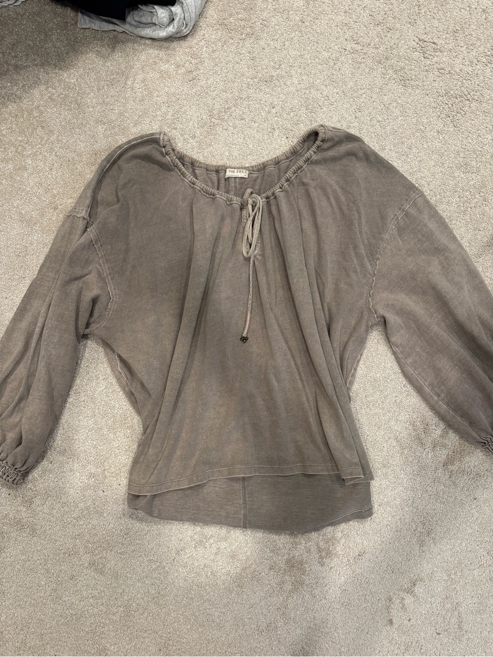Free People Washed Taupe Tie-Neck Peasant Top